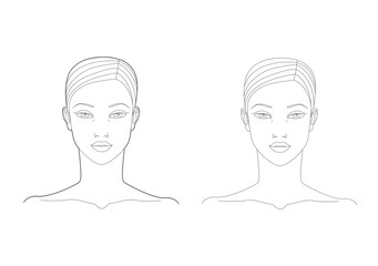 Template of the face and neck of a woman in the front. Medicine and cosmetology scheme. Graphic line drawing. Vector illustration.