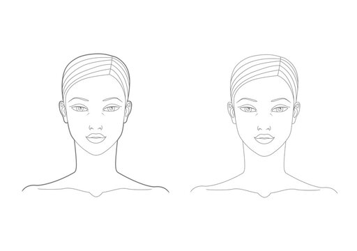 Template of the face and neck of a woman in the front. Medicine and cosmetology scheme. Graphic line drawing. Vector illustration.