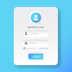 Member login menu in neomorphic or Neomorphism style, modern 2020 minimalistic white design UI UX kit, vector illustration easy to edit