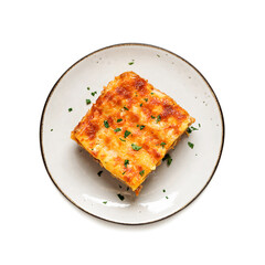 Portion of  ground beef lasagne topped with melted cheese and garnished with fresh parsley served on a gray plate . top view. isolated on white background