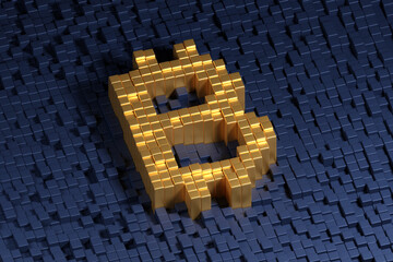 Bitcoin symbol formed with golden cubes on a dark background. 3d illustration.