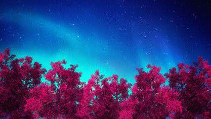 Beautiful colorful landscape with a lonely tree in a field./Night sky with stars and silhouette mangrove tree .