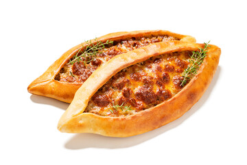 Traditional Turkish cuisine. Turkish pizza or Pita with ground beef and cheese. isolated on white background