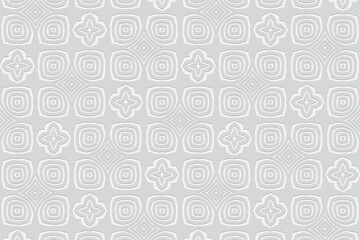 Geometric white background. Volumetric composition with 3D effect of a convex shape. Ethnic relief pattern in the style of minimalism.