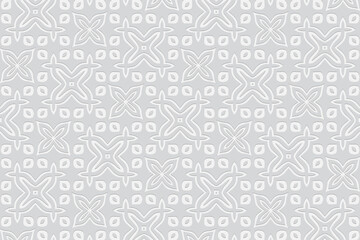 Geometric beautiful white background. Volumetric composition with 3D effect of a convex shape. Ethnic embossed pattern with abstract elements for presentations, websites, wallpapers.