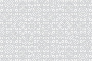 Geometric beautiful white background. Volumetric composition with 3D effect of a convex shape. Ethnic embossed pattern with abstract elements for presentations, websites, wallpapers.