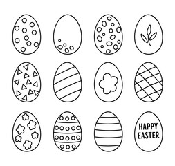 Vector Easter black and white eggs set. Spring flat decorative elements. Holiday outline icons collection isolated on white background.