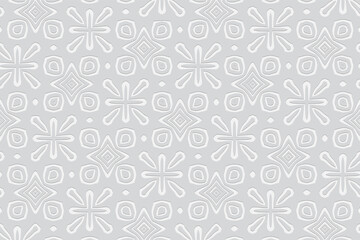 Geometric unique white background in African, Mexican style. Volumetric composition with 3D effect of convex shape. Ethnic embossed pattern for design and decoration.