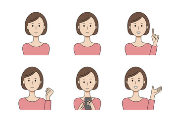 様々な表情をする女性のベクターイラストセット