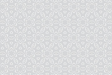Geometric stylish floral white background. Volumetric original composition with 3D effect of convex shape. Ethnic embossed pattern for design and decoration.