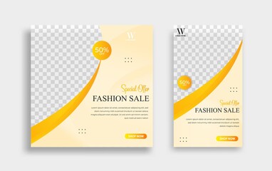 Fashion Editable minimal square banner template. Yellow  background color with geometric shapes for social media post, story and web internet ads. Vector illustration