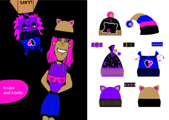 Stylized teenagers. 6 caps and 4 straps. Fashion accessories for teenagers. Characteristic and arrogant. Vector illustration in a flat cartoon style.