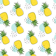 Seamless design with pineapple fruit and slices of pineapple.