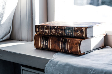 Pieni tieto sanakirja emm&auml;nn&auml;n tieto kirja alte B&uuml;cher Ledereinband schmuckvolle B&uuml;cher Fenster Leseecke lesen nachschlagen W&ouml;rterbuch antik