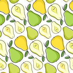 Seamless pattern with green and yellow pear. Repeat tile with pear fruit and its slices on white background