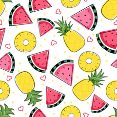Seamless pattern with fruits and slices. Colorful repeat tile with pineapple and watermelon
