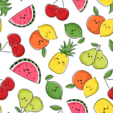 Seamless pattern design with cute fruit characters. Repeat tile with kawaii pineapple, watermelon, cherry, pear, orange, lemon and lime