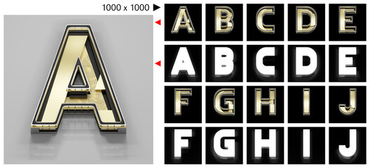Black Gold 3D Number Set Of 10 Letter A-J Isolated With Alpha Mask For Object And Shadow - 418515995