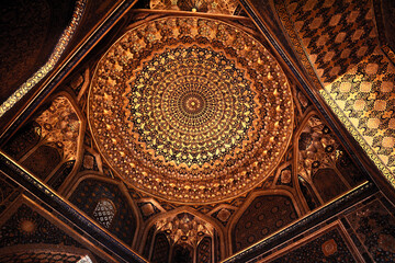 ceiling of the antique mosque with abstract pattern in warm colours 