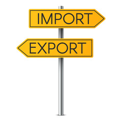 Realistic import and export sign on metal pole. Global logistics solutions. Concept of worldwide delivery. Template for your design. Vector illustration