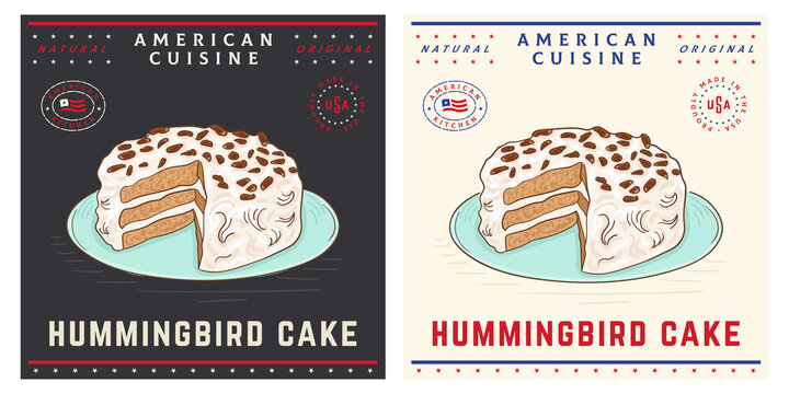 Hummingbird cake vintage retro dessert illustration