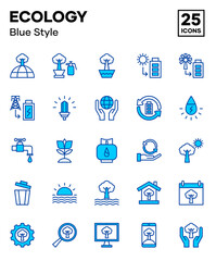 Ecology icon set with blue color style, including the environment, natural resources, energy, and nature. Editable vector icons