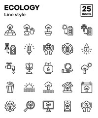 Ecological icon set with line styles, including the environment, natural resources, energy, and nature. Editable vector icons