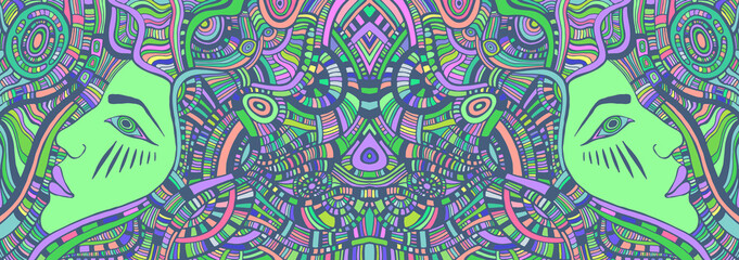 Surreal psychedelic kaleidoscope fantastic girls. Vector hand drawn illustration with fantasy surreal woman.