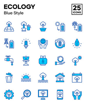 Ecology Icon Set With Blue Color Style, Including The Environment, Natural Resources, Energy, And Nature. Editable Vector Icons