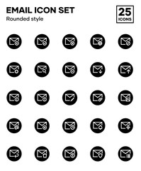 Set email icons with filled rounded styles, including email sending, receiving, composing, and inbox. Editable vector icons