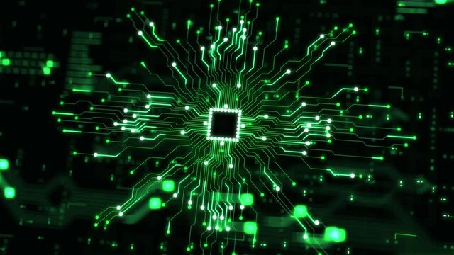 Green background with big data CPU processing futuristic circuit board