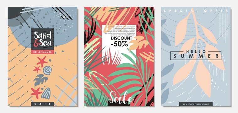 Summer seasonal sale banners, covers, placards, posters, ads collection. Floral and sea shore patterns. Tropical plants and leaves vector backdrops and promo documents layout.