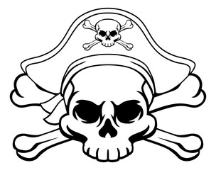 A skull and crossbones jolly roger wearing a pirate hat which also has a cross bones on it