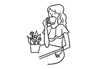 カフェで花を見ながらコーヒーを飲む女性02