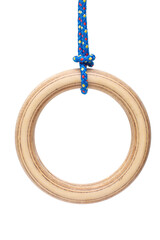 Wooden gymnastic rings for sports on a white background suspended from a rope