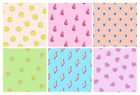 A set of pattern. Smiley face, fire, eye, flower, lightning, heart. Colored  prints in a retro style. 60s 70s. Vector illustration Stock Vector | Adobe  Stock
