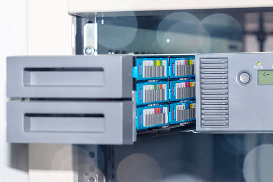 Marbach, Germany-March 06.2021:View of the opened professional data backup drive (long-term archiving), with internal data backup tapes