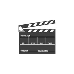 Fototapeta na wymiar Clapper board isolated film production desk monochrome icon. Vector movie shooting instrument with mention of scene and shot number, director and cameraman. Cinema clapboard, scene and action board
