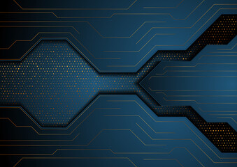 Dark blue and golden abstract technology background. Luxury glitter dots concept vector design