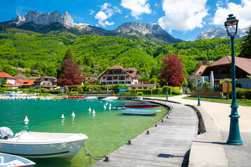 beautiful town Talloires at Annecy lake in France - obrazy, fototapety, plakaty