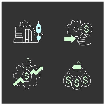 Business incubator chalk icons set. Incubator services, startup companies, public companies, technical commercialization. Profitable investment. Isolated vector illustrations on chalkboard
