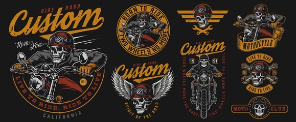 Vintage colorful motorcycle emblems set © DGIM studio
