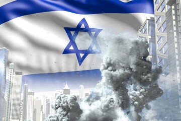 huge smoke pillar in the modern city - concept of industrial catastrophe or terroristic act on Israel flag background, industrial 3D illustration