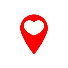 Fototapeta premium Pointer with heart icon, flat graphic design template, symbol for map, Valentine’s Day party sign, vector illustration