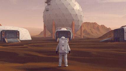 Astronaut Space Explorer Mars Base Camp Arid Mountain Desert with Sediment Mudflat 3d illustration render  © paul