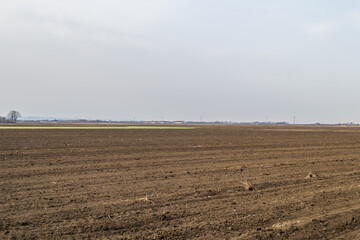 Fototapeta na wymiar Panorama of prepared arable land for spring sowing in Vojvodina.