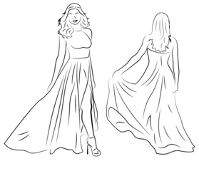 2 hübsche Frauen Konturen mit Kleid Lineart