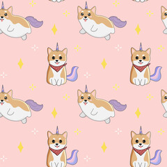 Seamless pattern with shiba inu and stars. Background for wrapping paper,  greeting cards, design.