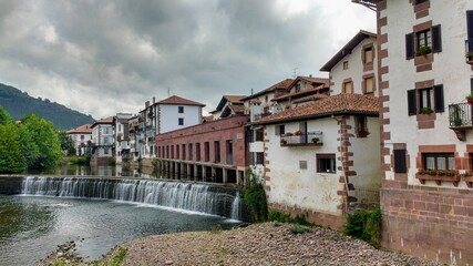 Baztan river and Elizondo village, Baztan valley, Navarre, Spain