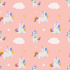 Seamless pattern with  unicorns, stars and clouds. Background for wrapping paper,  greeting cards, design.